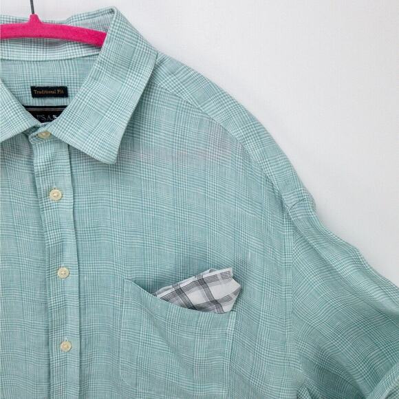 Jos A Bank 100% Linen Shirt Men's XL Green Geometric Long Sleeve Button Reserve - Picture 6 of 12